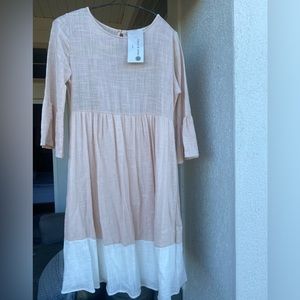 Fall, cotton, 3/4 length bell sleeved, peach and white dress